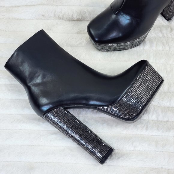 Nikki Black Leatherette Rhinestone Platform Chunky Heel Ankle Boots - Picture 4 of 17
